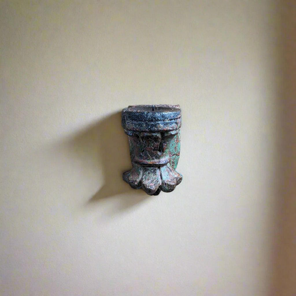 Reclaimed Carved Wooden Candle Holder (Pink & Green)