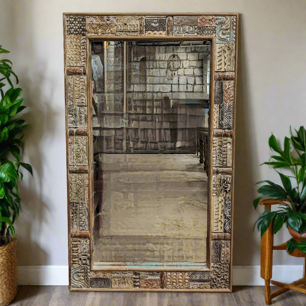 Reclaimed Carved Wooden Blocks frame with mirror