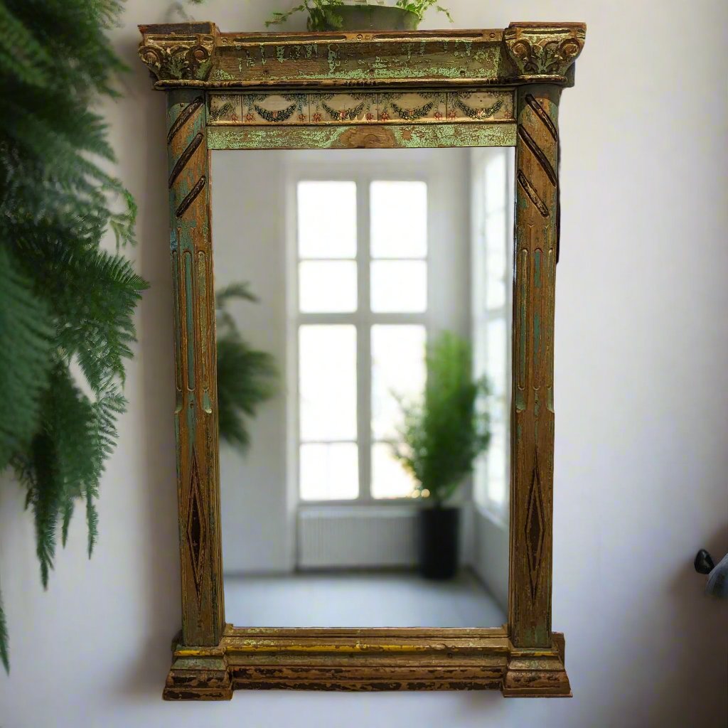 Distressed Green Tile and Wood Pillar framed Mirror