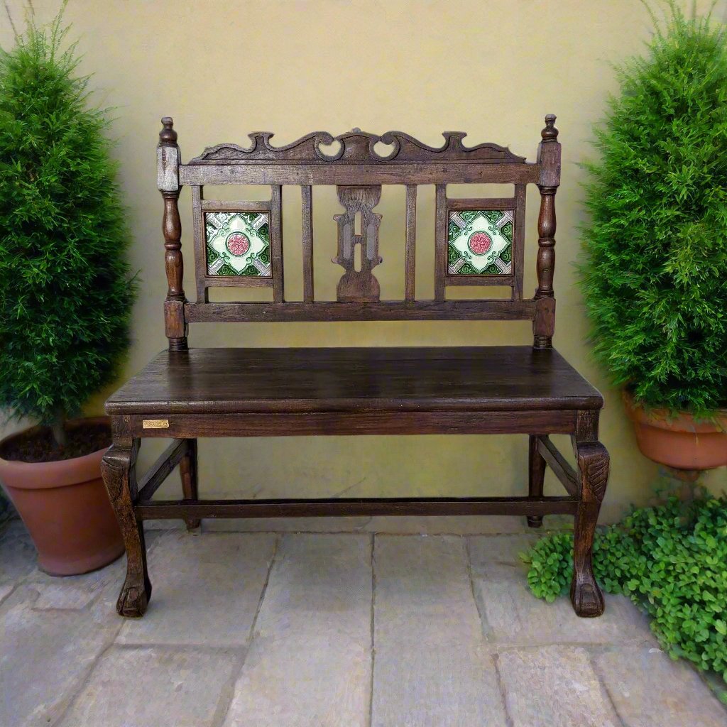 Teakwood Bench with Vintage Tiles (Two Seater)