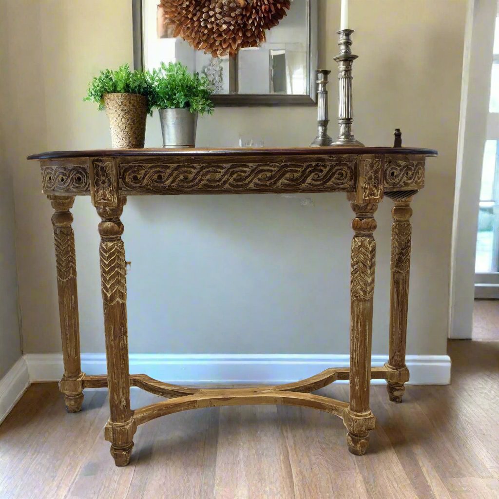 Carved Wooden Semi-Circle Console Table without storage