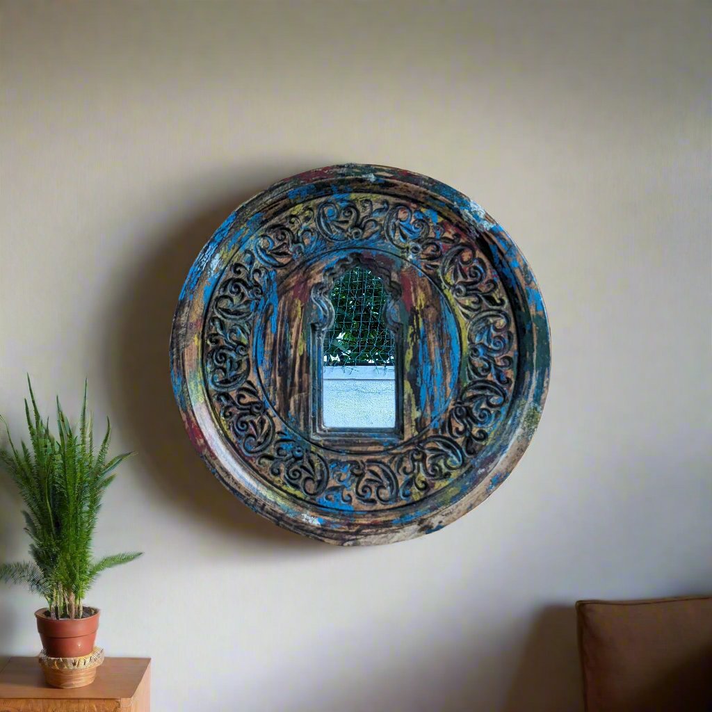 Round Wooden Frame with small Jharokha mirror