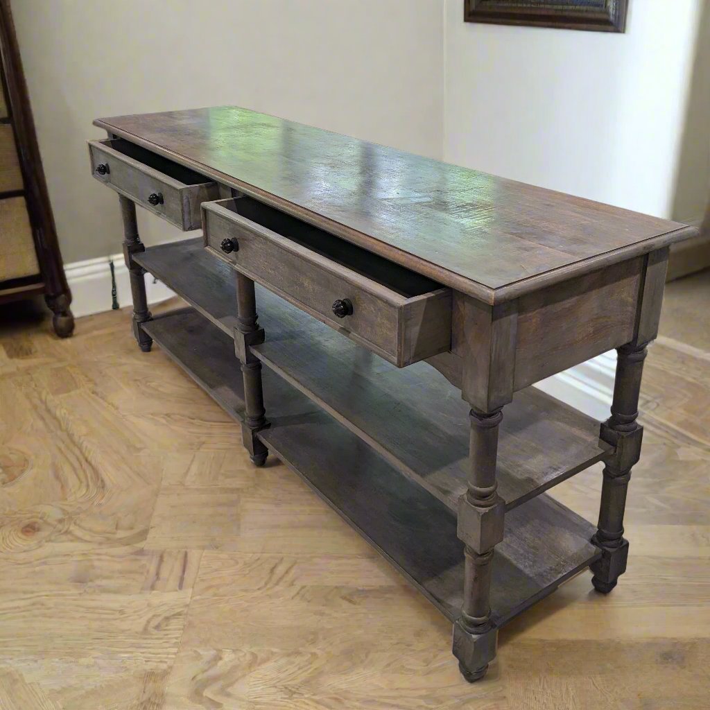 Distressed Grey Console Table with two drawers and shelves