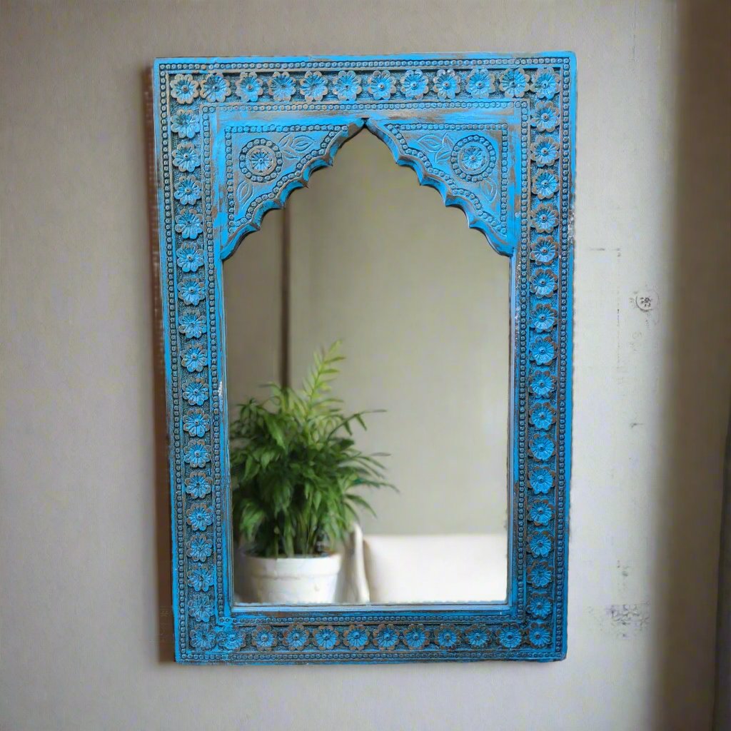 Distressed Blue Jharokha Mirror