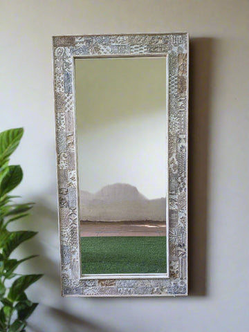 Distressed White Wooden Block Print Mirror