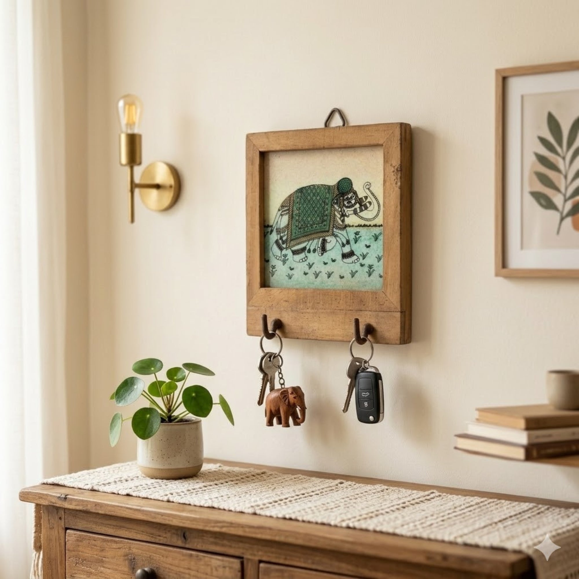 Handcrafted Elephant Art Wooden Wall Key Holder Frame – Rustic Home Decor