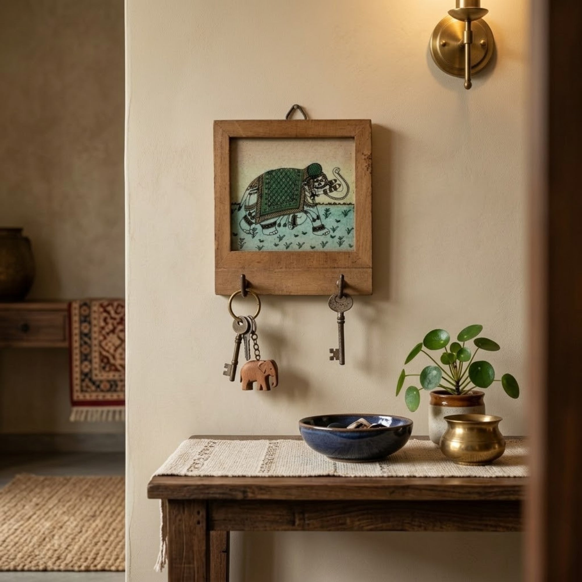 Handcrafted Elephant Art Wooden Wall Key Holder Frame – Rustic Home Decor