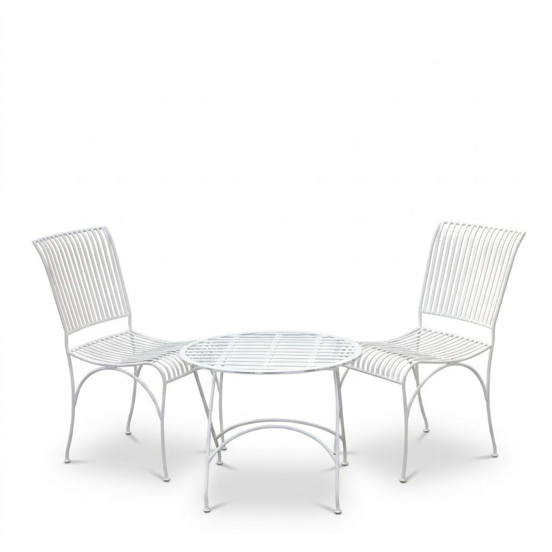 White metal outdoor bistro table set with two chairs placed on street showing full front view of garden seating set