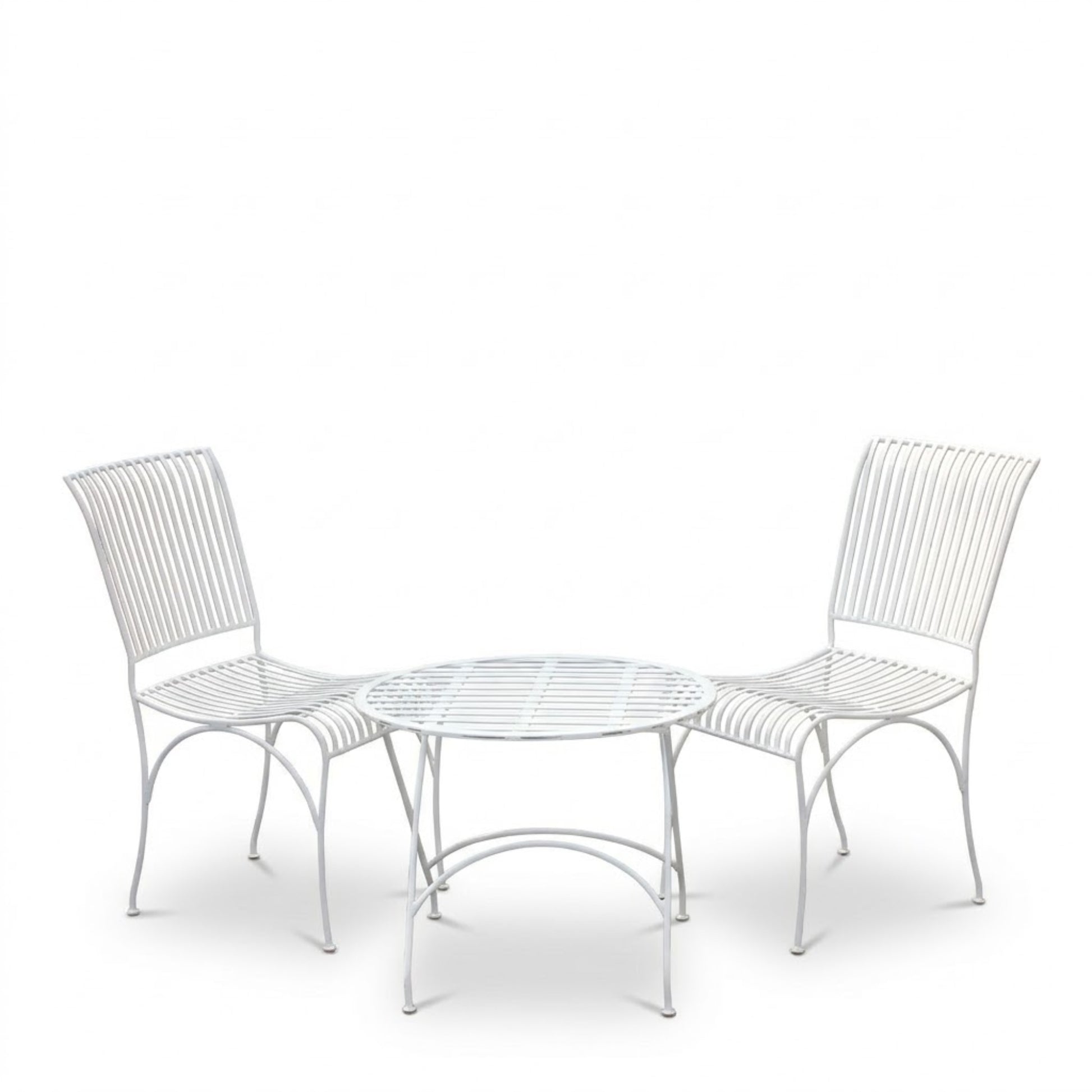 White metal outdoor bistro table set with two chairs isolated on white background studio product shot