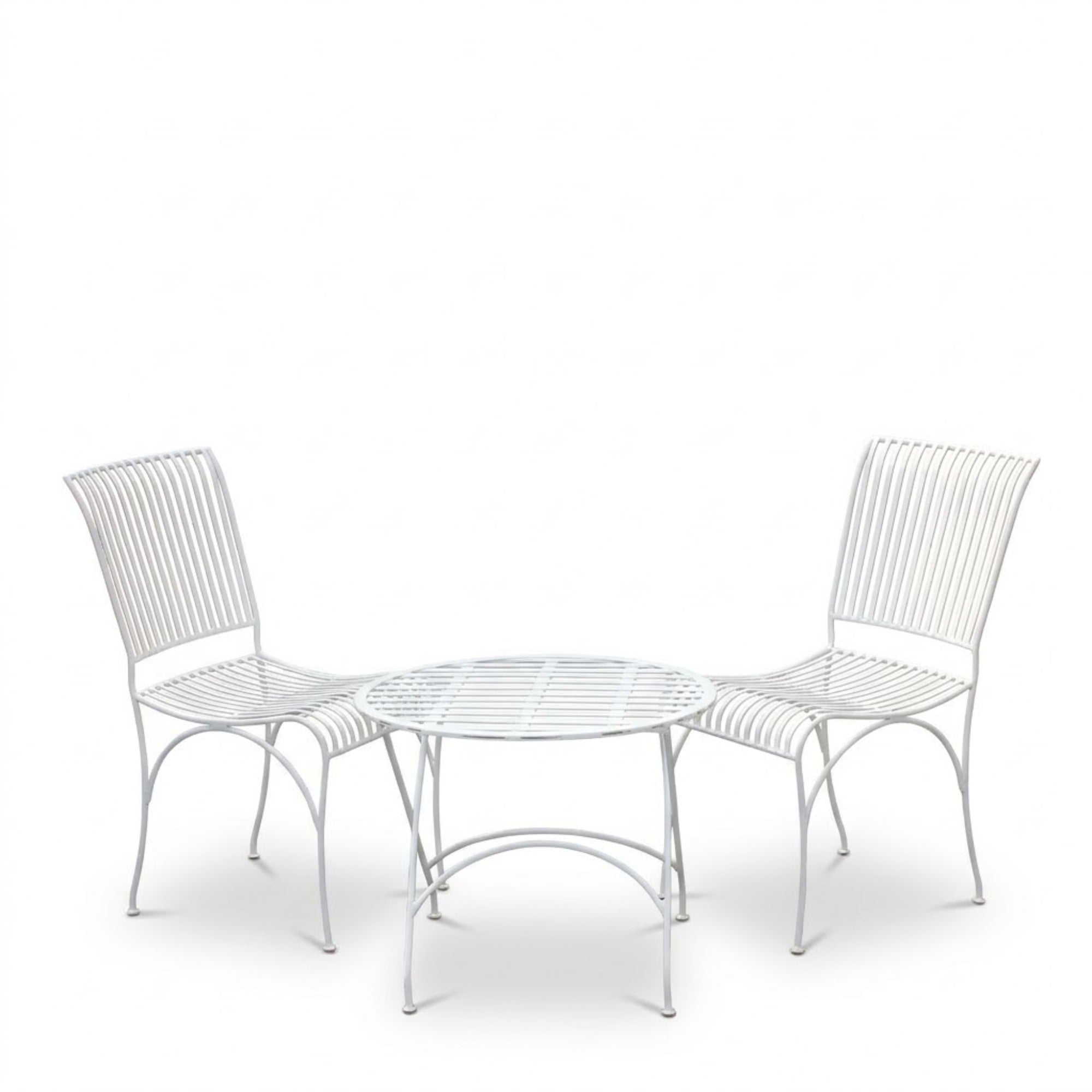White metal outdoor bistro table set with two chairs isolated on white background studio product shot