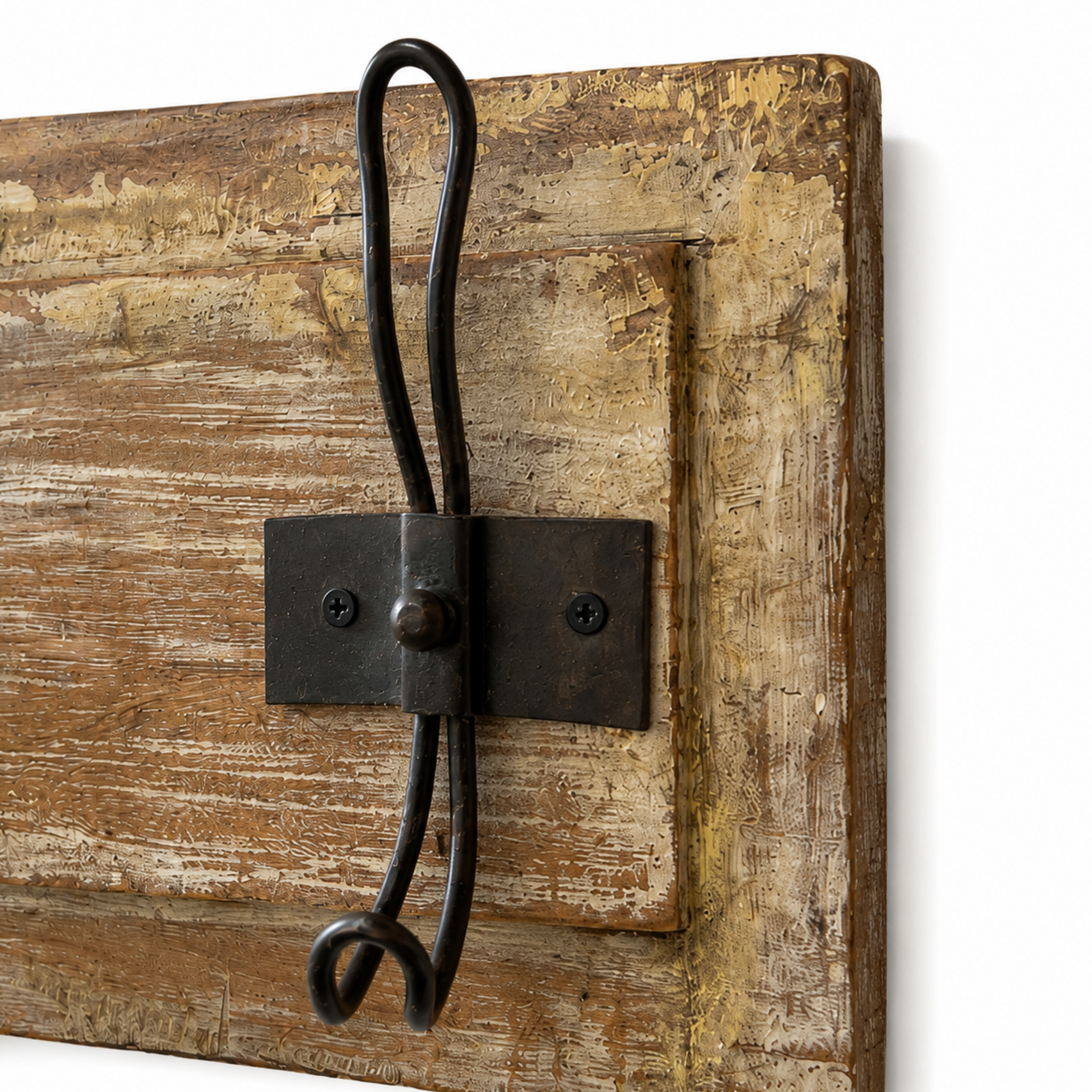Close-up view of Rustic Heritage Wall Hook featuring distressed wooden panel and handcrafted black iron hook with vintage finish.