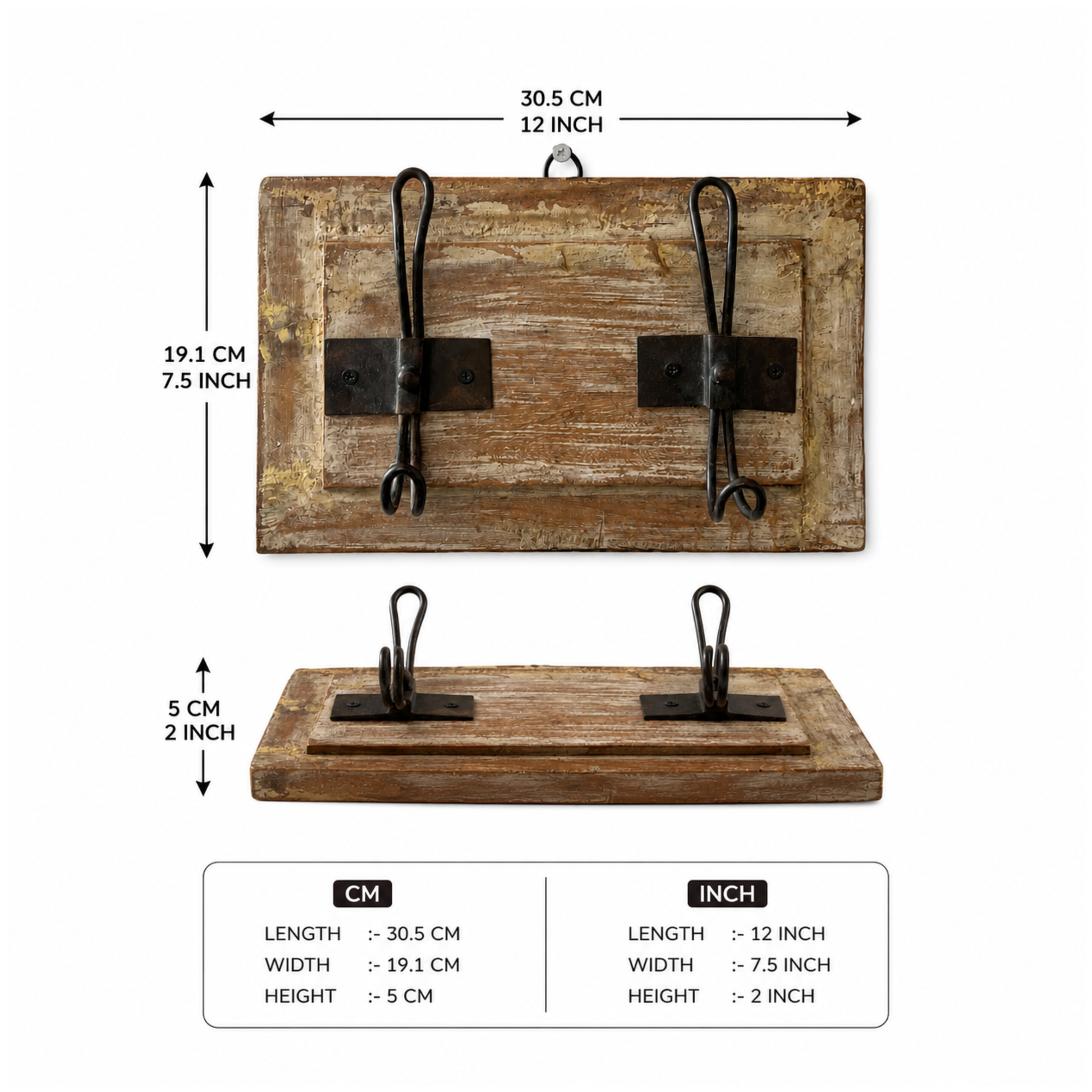 Rustic Heritage Wall Hook dimensions showing 30.5 cm length, 19.1 cm width, and 5 cm height with detailed size specifications.