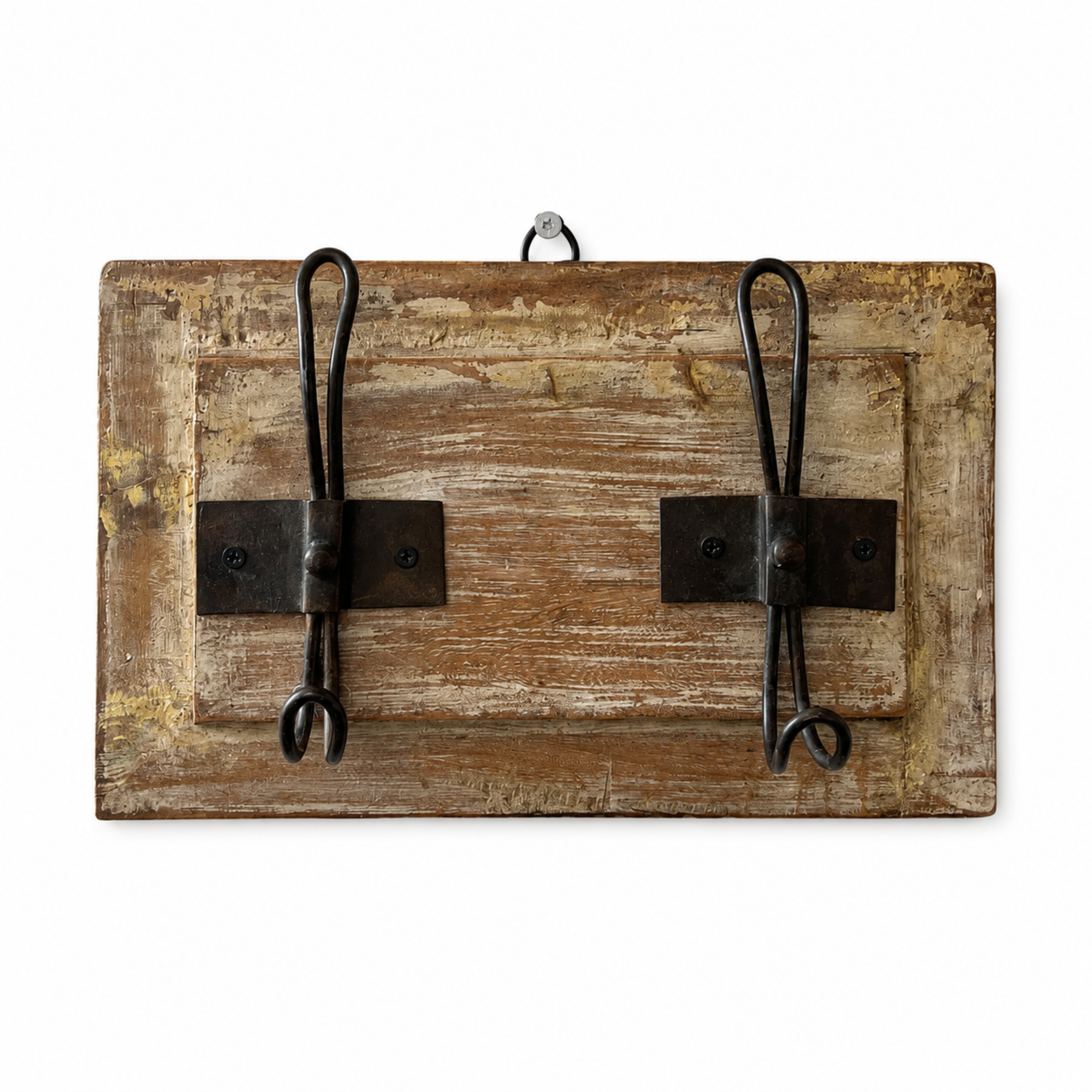 Front view of Rustic Heritage Wall Hook crafted from reclaimed-style wood with two black iron hooks for hanging coats, keys, and accessories.