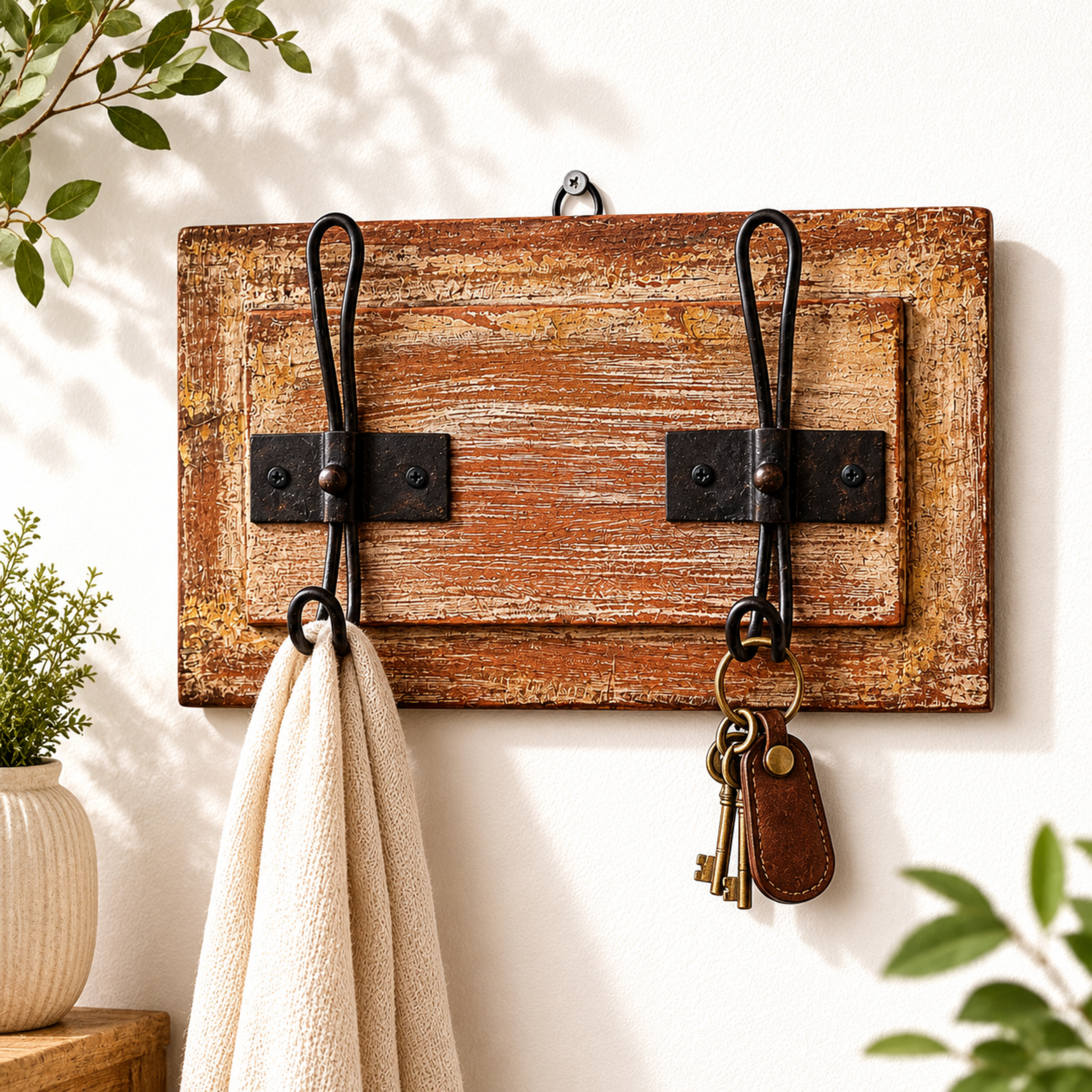 Rustic Heritage Wall Hook mounted on a wall holding keys and fabric, styled in a warm farmhouse entryway setting.