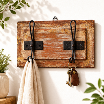 Rustic Heritage Wall Hook mounted on a wall holding keys and fabric, styled in a warm farmhouse entryway setting.