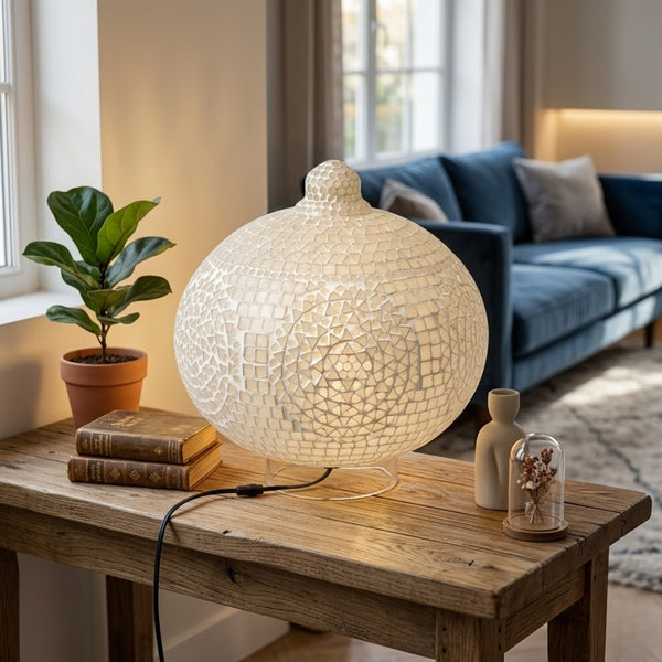 Handcrafted White Mosaic Glass Globe Table Lamp