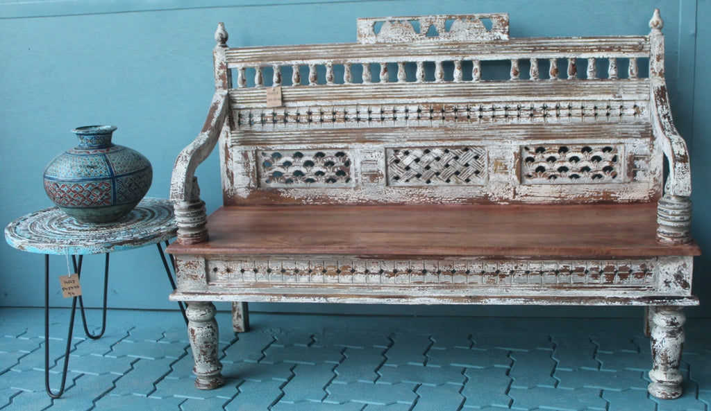 Carved Distressed Wooden Bench