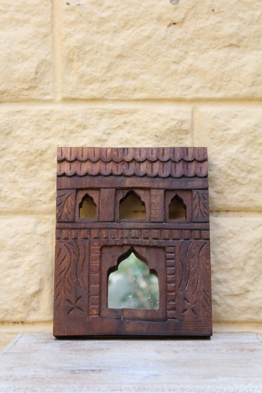 Wood finish carved mirror