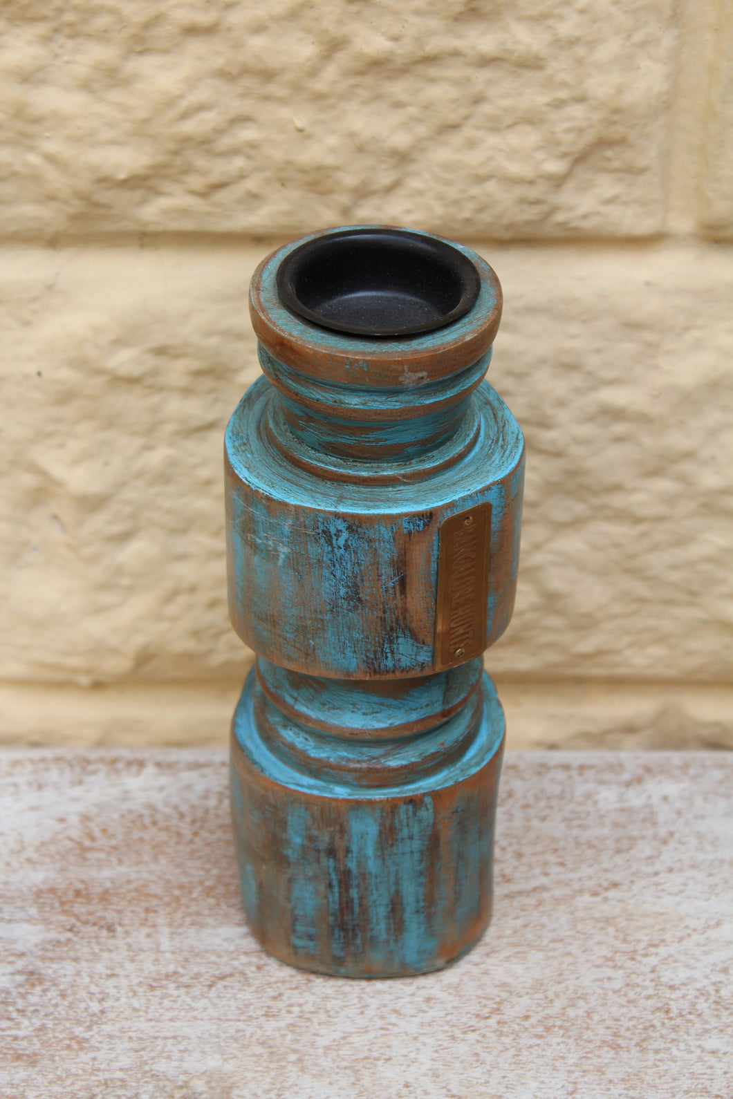 Blue Wooden Distressed Candle Holder