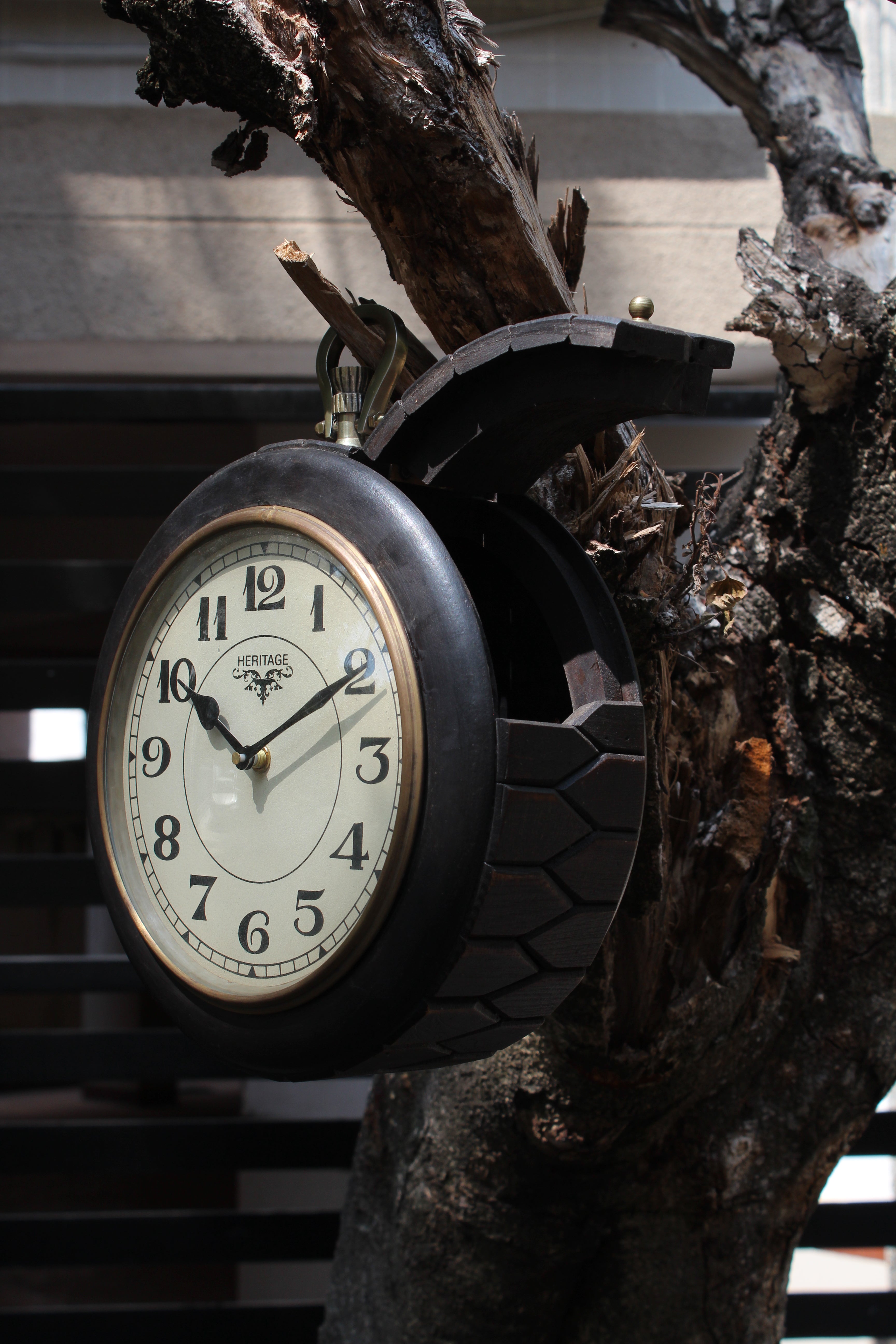 Hanging Wooden Two Sided Railway Clock