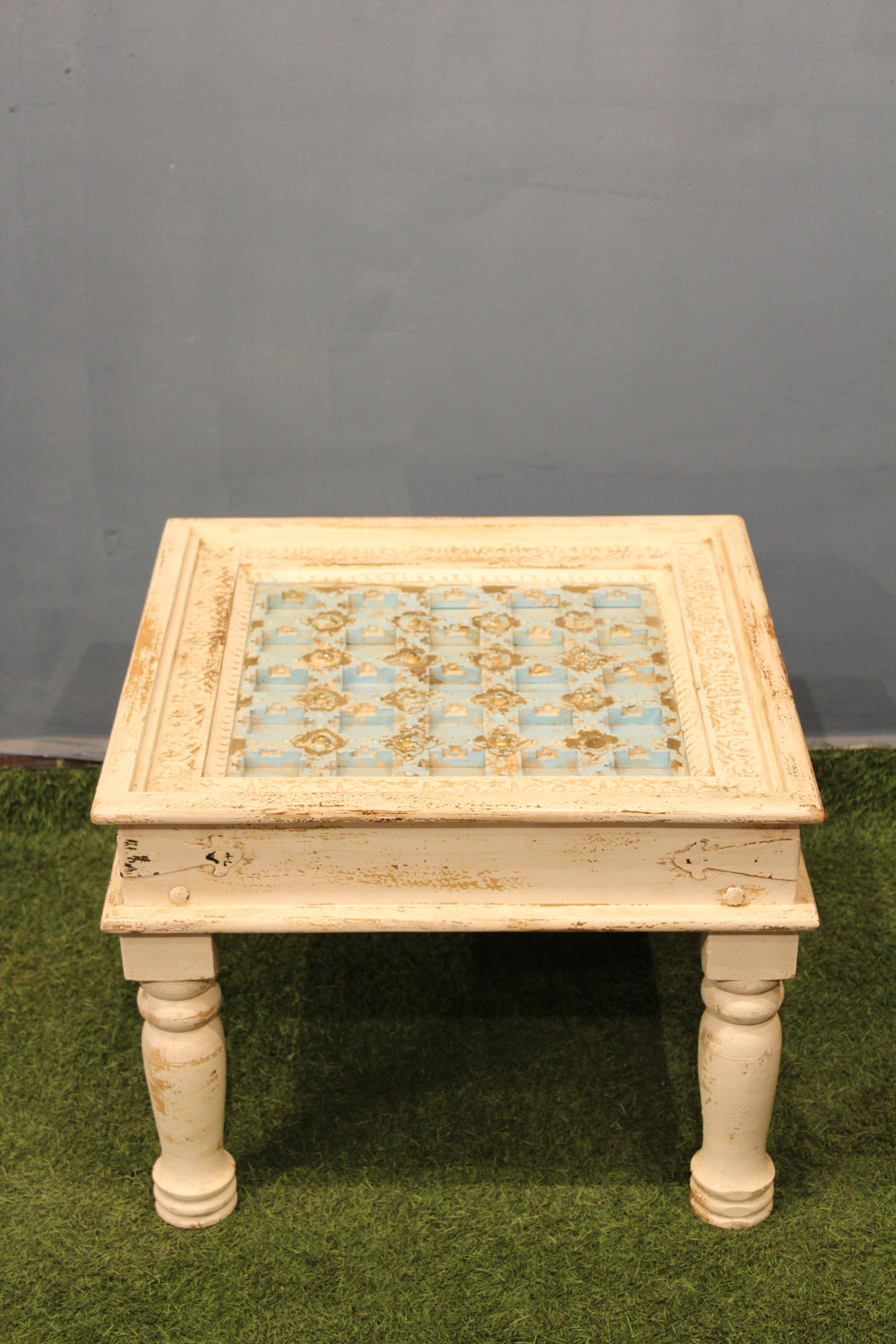 Cream and Blue Carved Side Table With Metal Embelishments