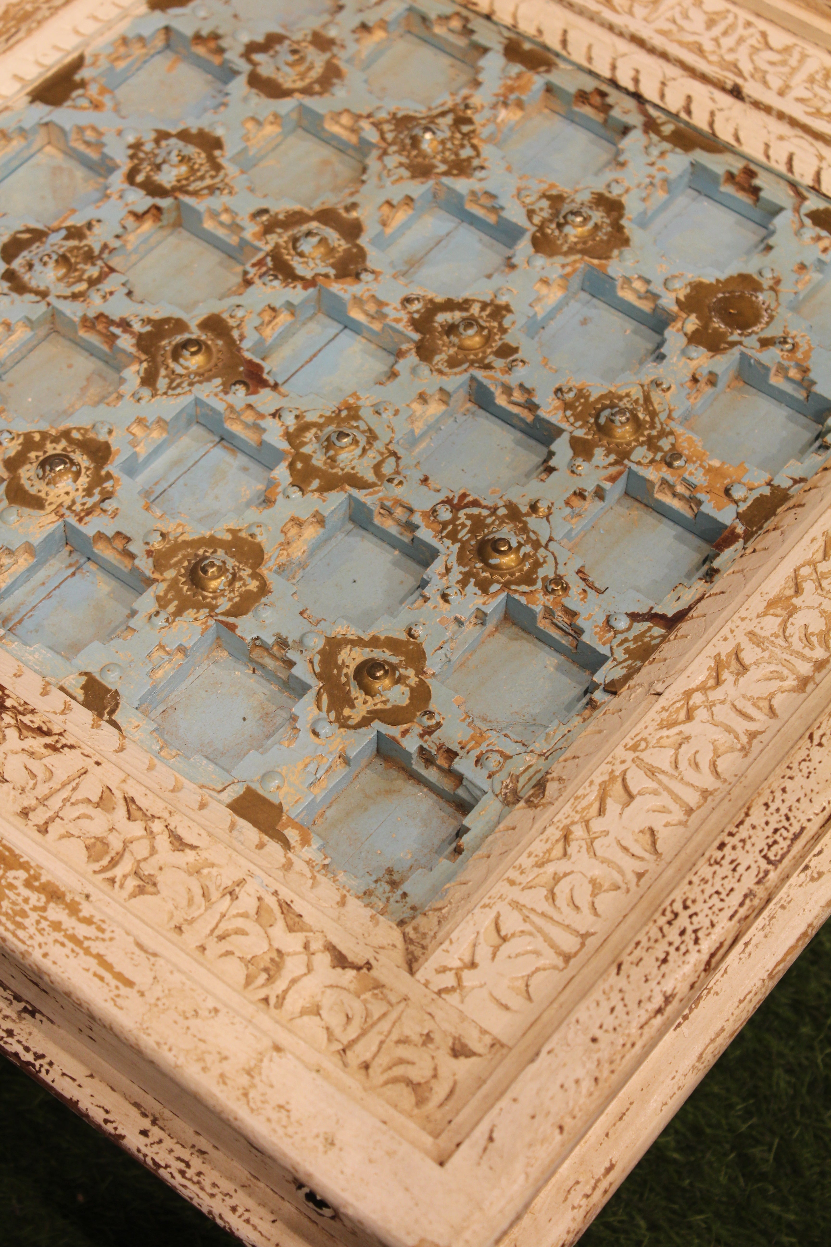 Cream and Blue Carved Side Table With Metal Embelishments