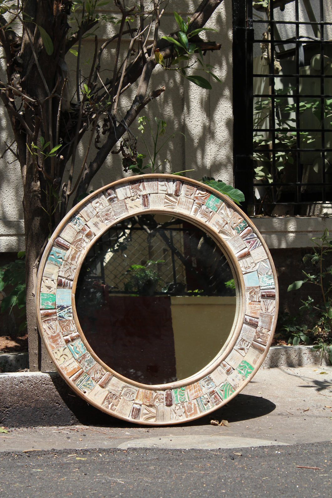 Round Reclaimed Wooden Blocks Mirror