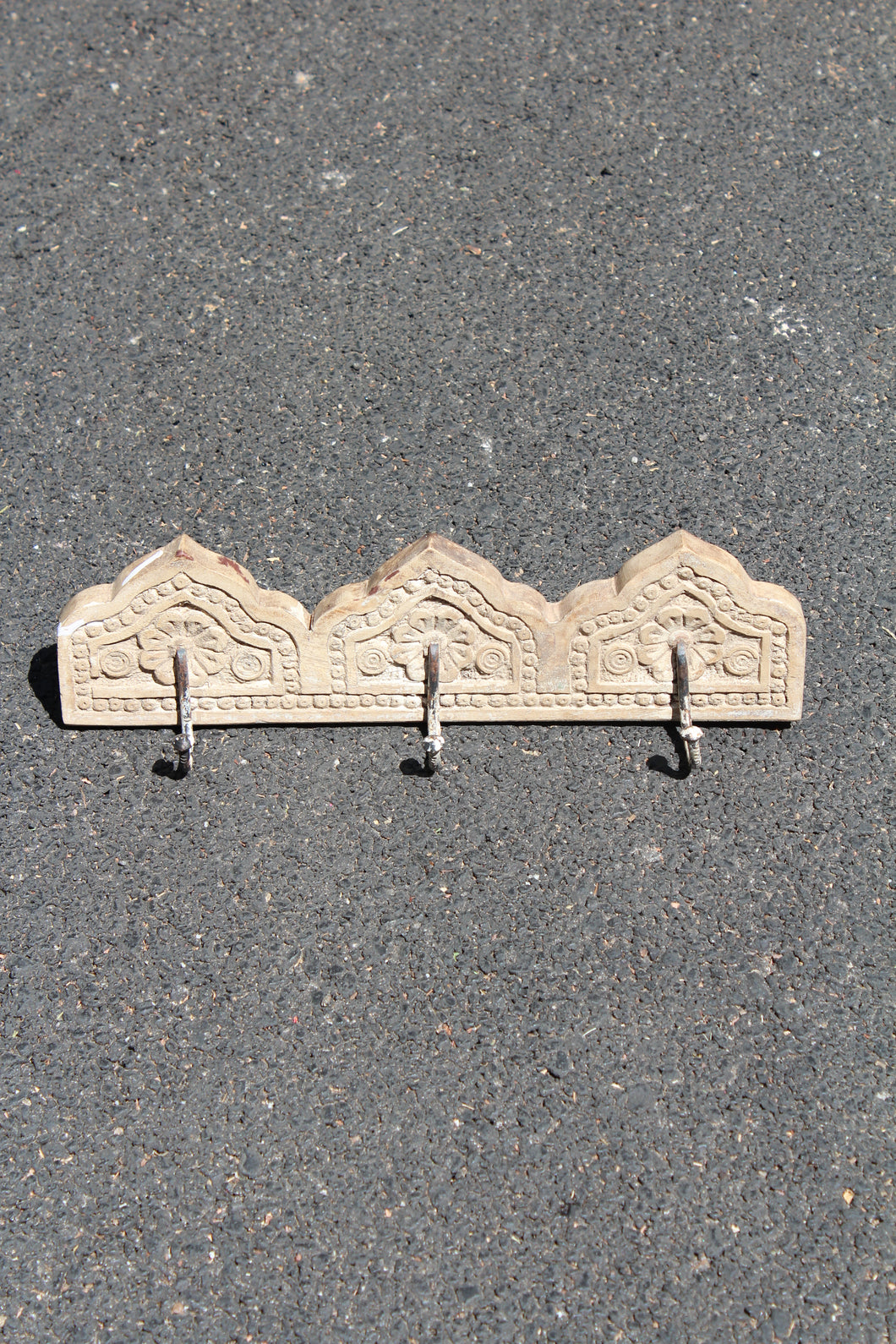 Carved Cream Wooden Panel with 3 Hooks