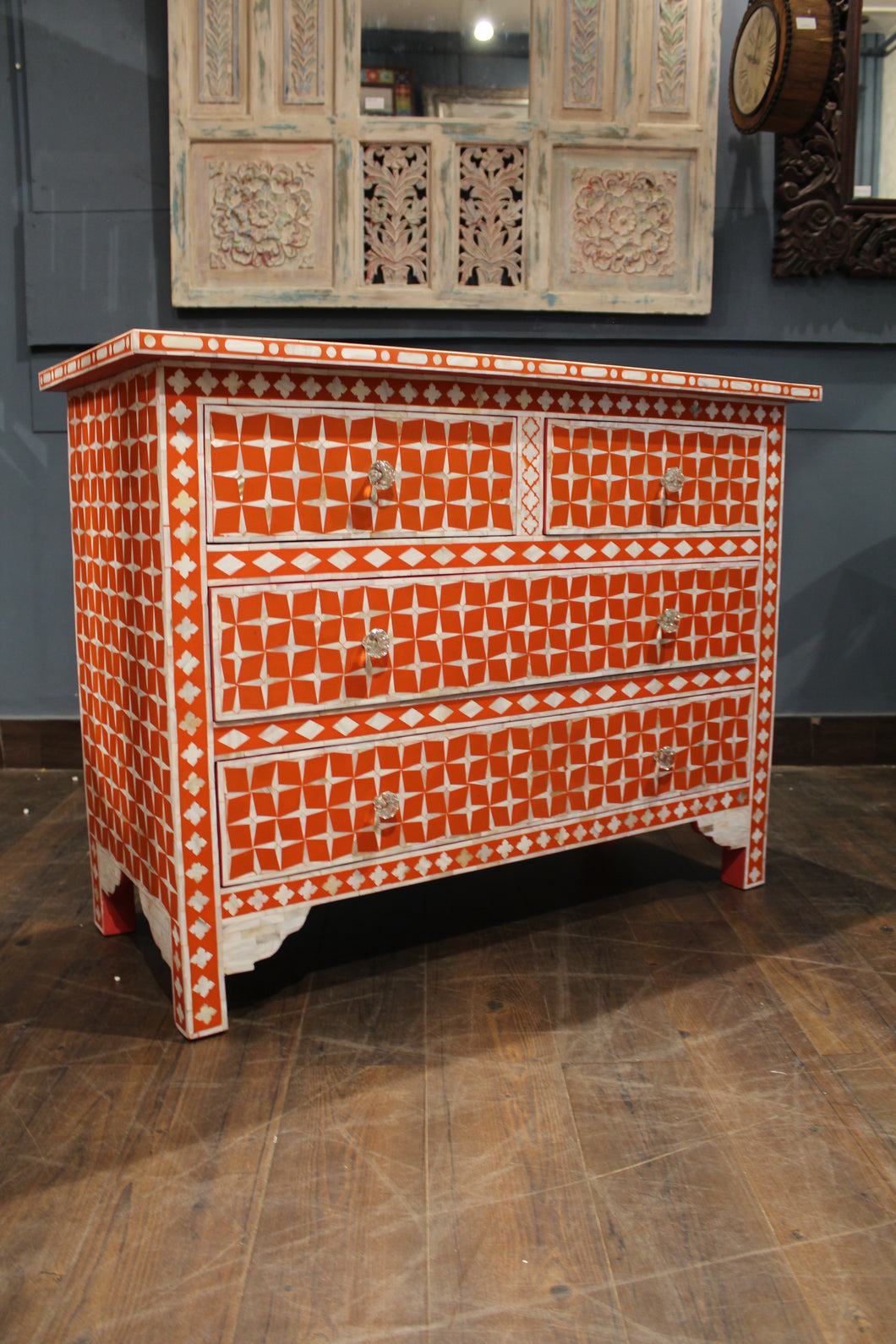 Deep Orange Mother of Pearl Inlay Chest Of Drawers