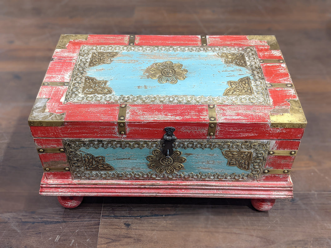 Small Red Distressed Wooden Trunk