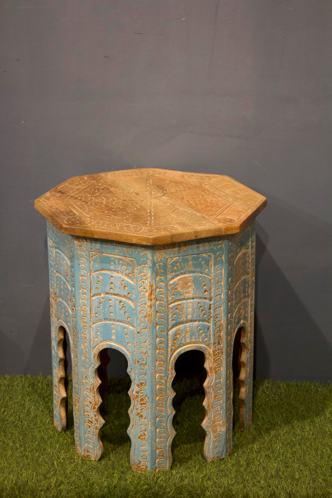 Blue Carved Hexagonal side table - Big